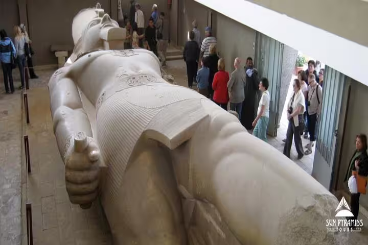 Colossal limestone statue of Ramesses II at Memphis museum, highlight of Saqqara and Memphis tour