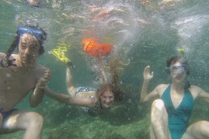 Snorkelers underwater in clear sea on the Rando-Palmée island getaway, guided swim with fins and masks