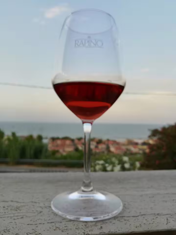 Calice di vino rosato Rapino con vista sul mare, esperienza di degustazione e visita in cantina