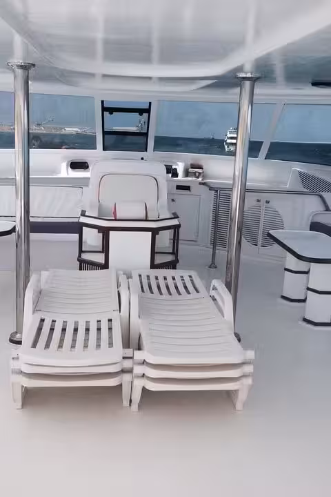 Sun loungers and lounge area on boat for Ras Mohamed National Park and White Island trip from Sharm