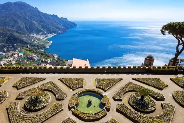 Stunning terraced garden in Ravello offering panoramic views of the Amalfi Coast on a Sorrento day tour.