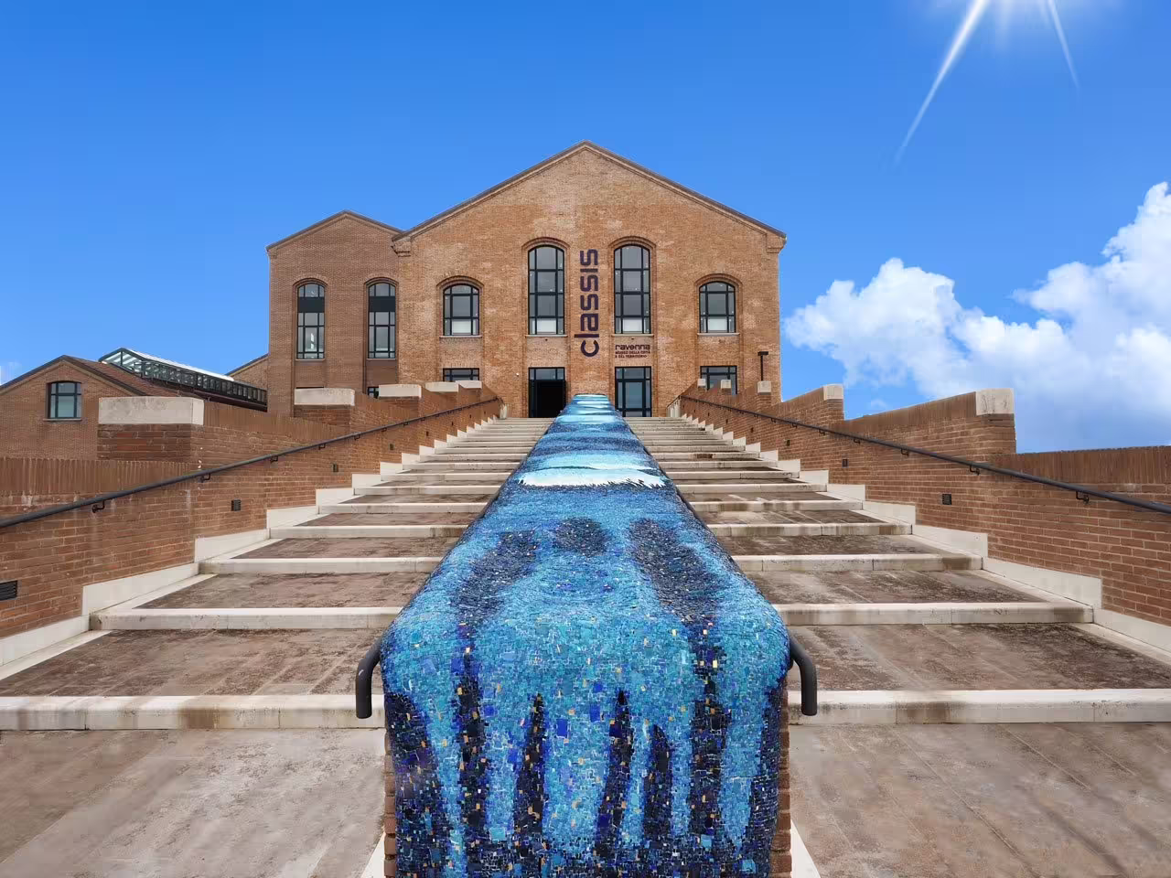 Stairway with blue mosaic at Ravenna Classis Museum entrance, ideal for Ravenna Classis Museum ticket visit