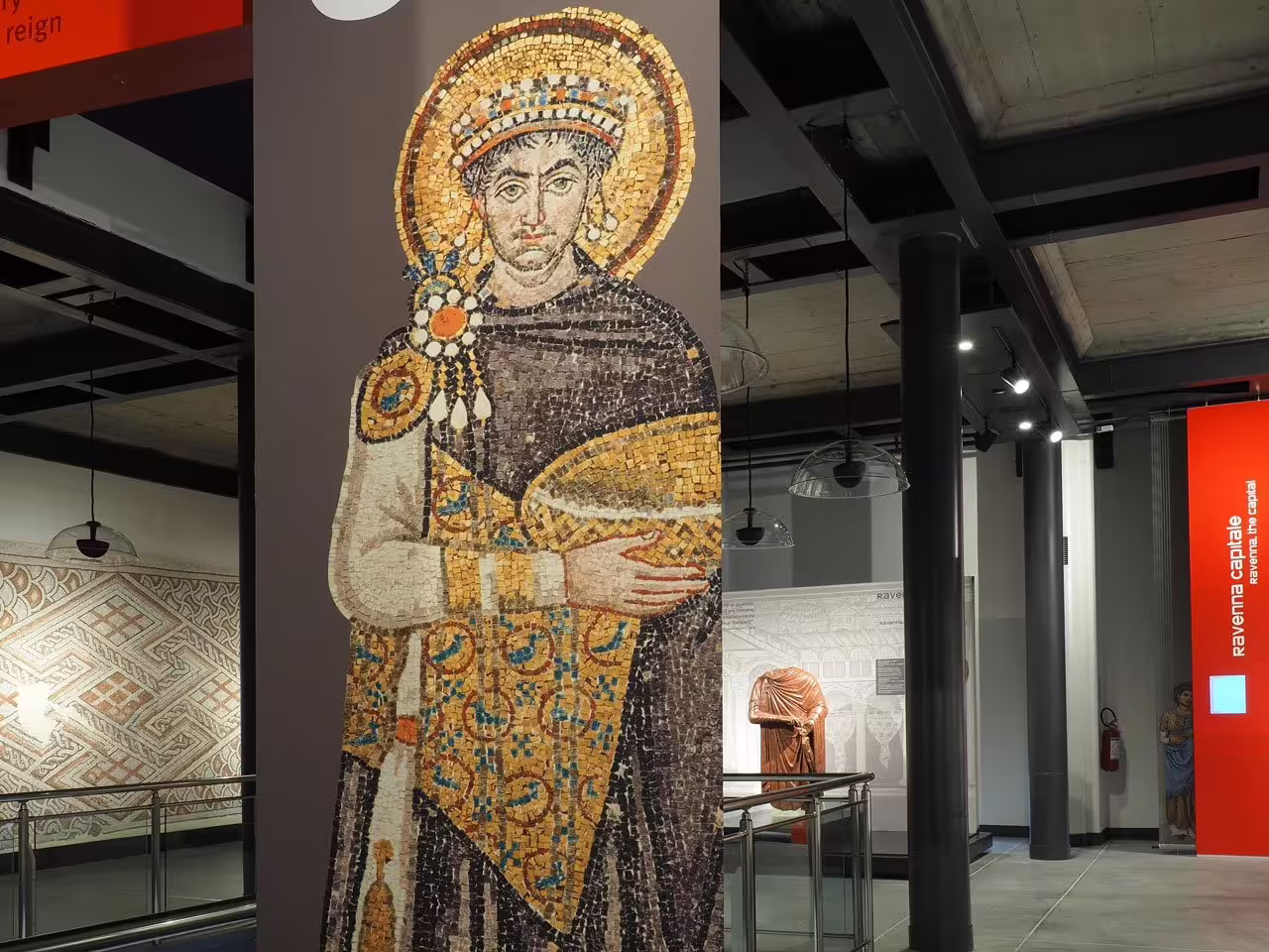 Byzantine-style mosaic figure display inside Ravenna Classis Museum, included with Ravenna entry ticket