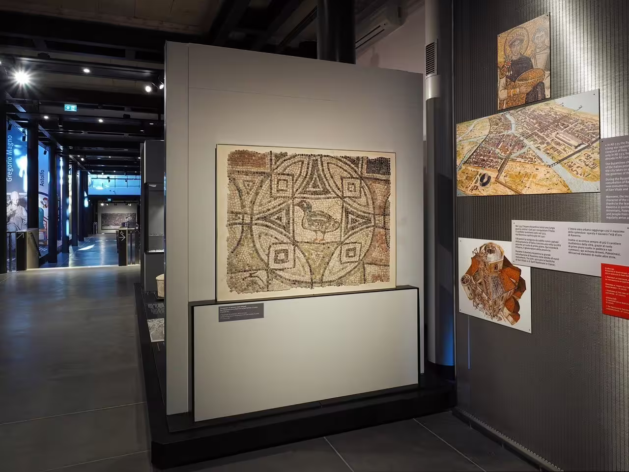 Ravenna Classis Museum gallery with Roman mosaic floor panel on display, included with entry ticket