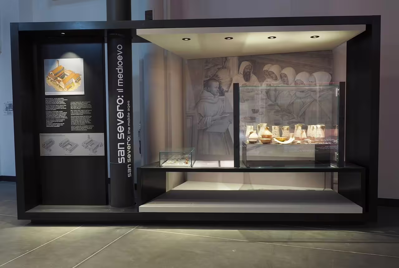 Ravenna Classis Museum exhibit on San Severo medieval era, with artifacts and interpretive panels on display