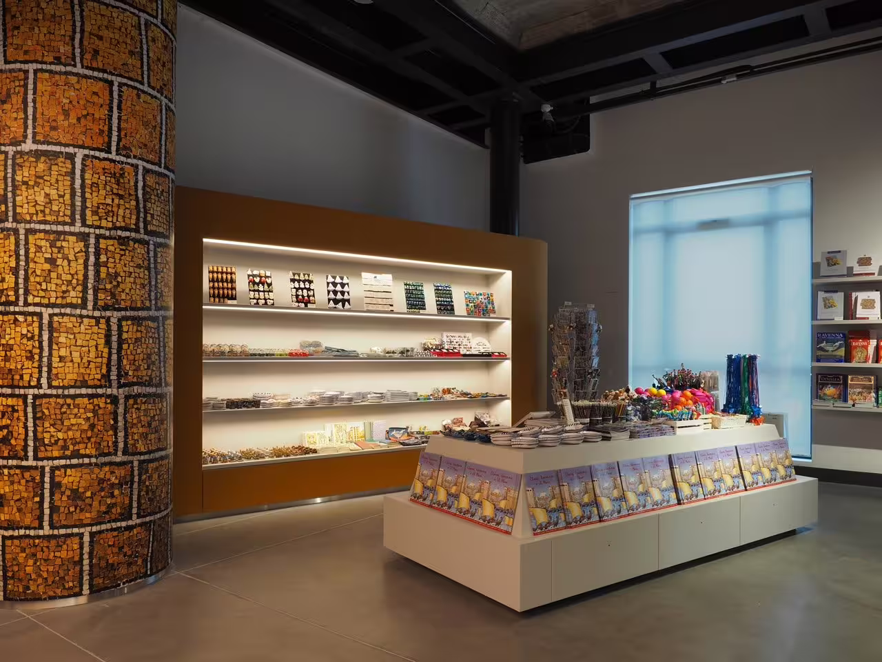Museum shop at Ravenna Classis Museum with mosaics, souvenirs and guidebooks, part of Ravenna entry ticket