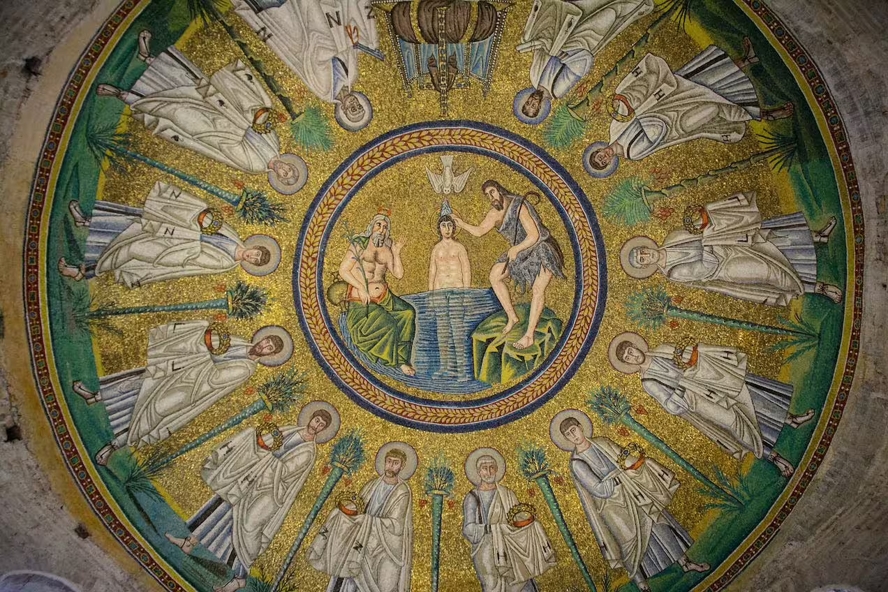 Golden dome mosaic of Christ’s baptism in the Neonian Baptistery, Ravenna, seen on a full-day private tour with mosaics admission