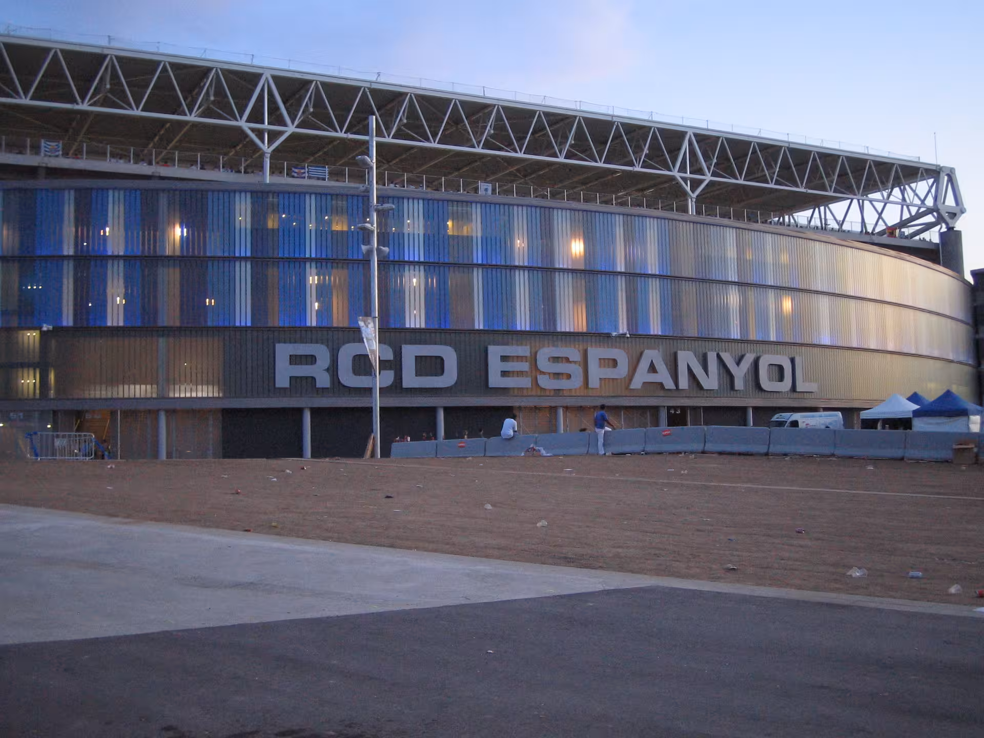 Exterior of RCDE Stage Front Stadium in Barcelona, Espanyol venue stop on an all-inclusive football tour