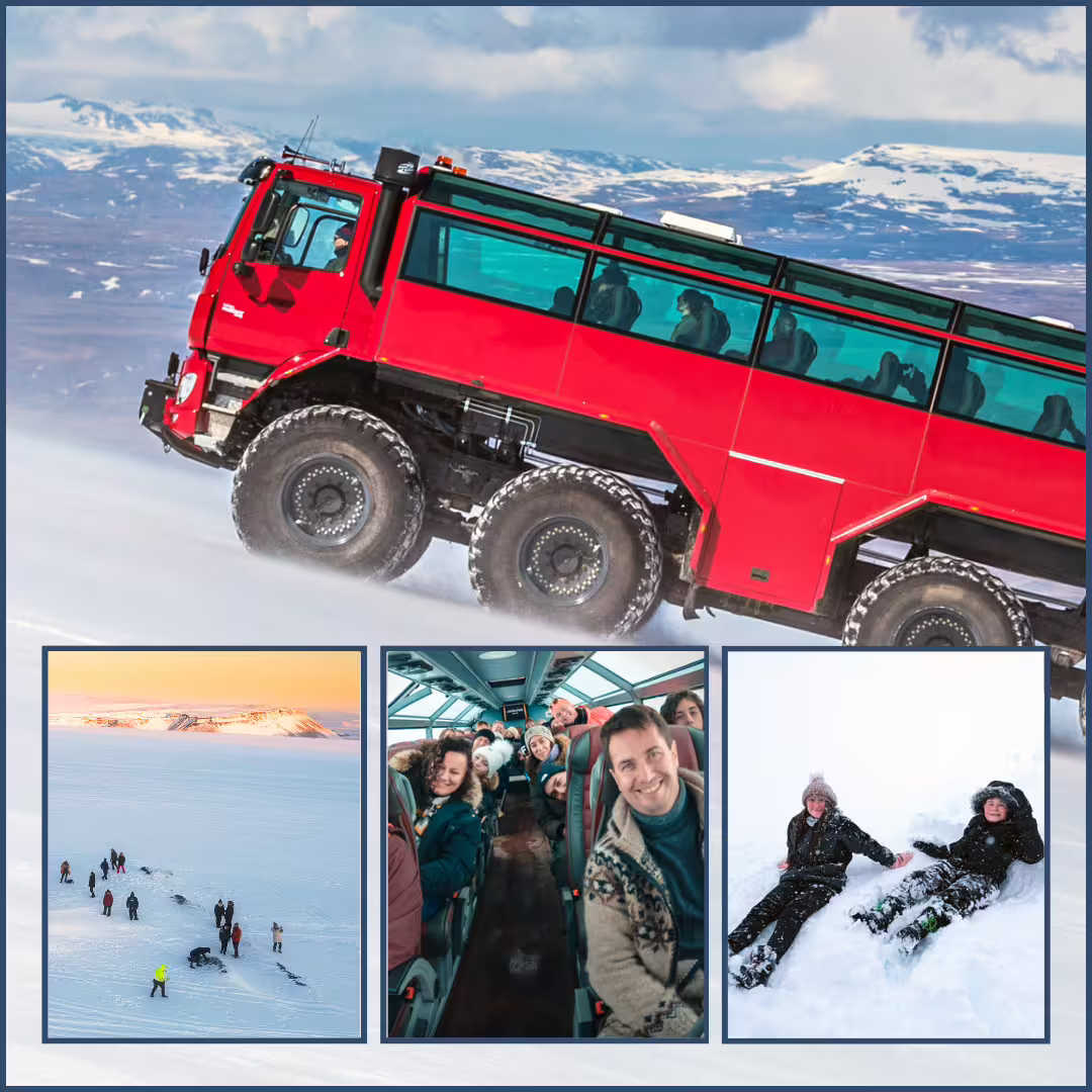 Red Glacier Monster Truck climbing Langjökull snowfields on unique glacier tour from Gullfoss, Iceland