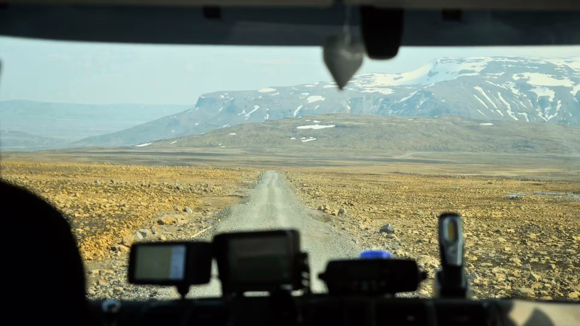 View from monster truck driving Iceland highlands toward Langjökull Glacier on Red Glacier tour from Gullfoss