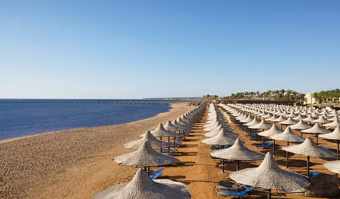 Scenic Red Sea beach with rows of straw umbrellas under a clear blue sky on the Cairo Nile Valley and Red Sea tour.