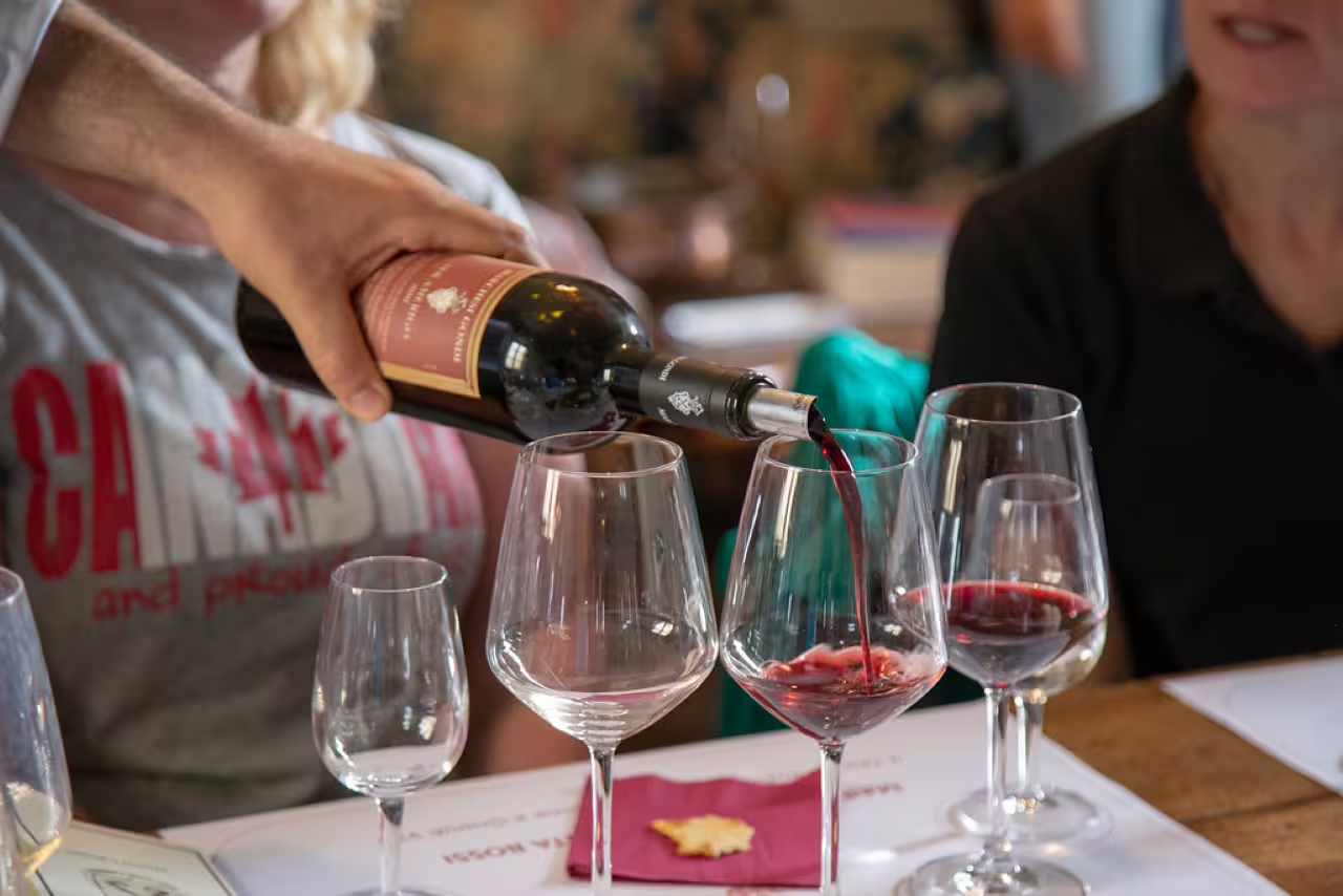 Pouring red wine into tasting glasses at Tenuta Bossi, part of Explore Elegance 3 exquisite wines tour