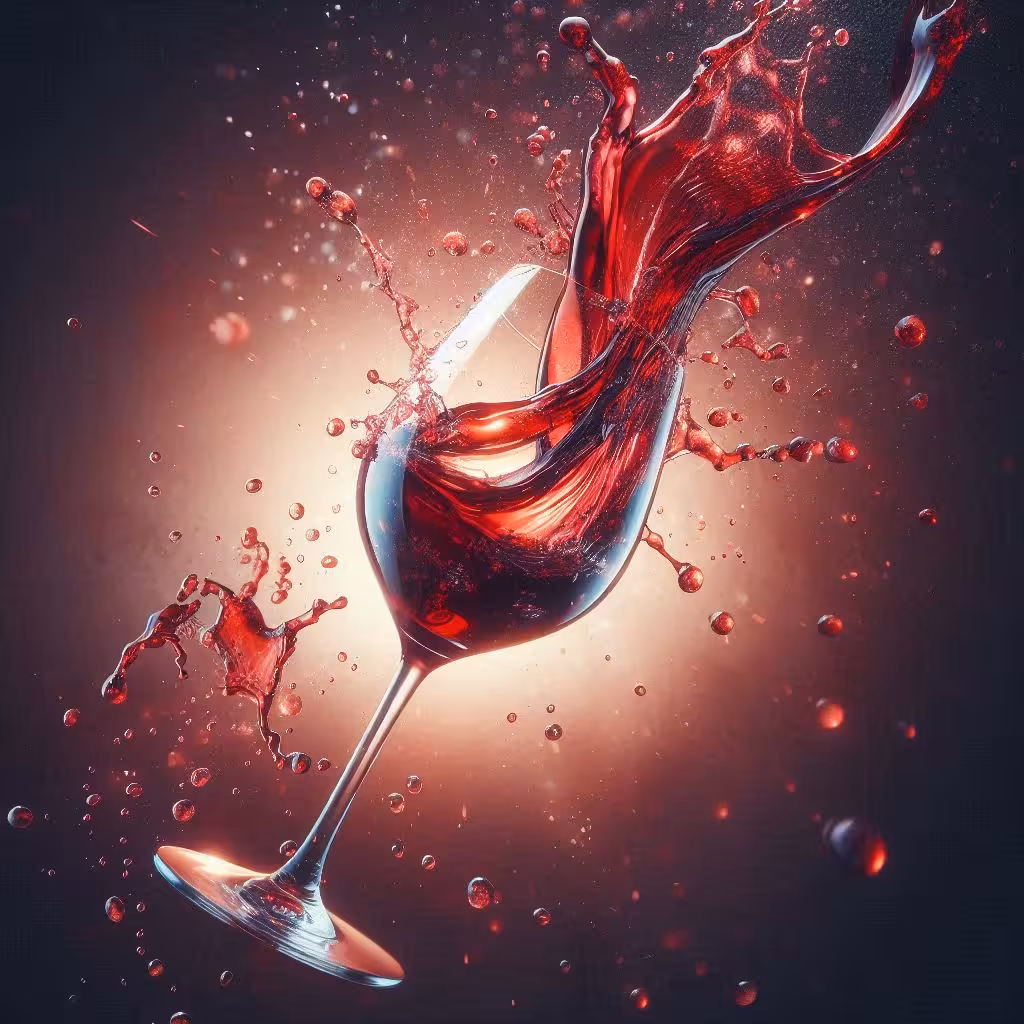 A dramatic red wine splash bursting from a tilted crystal glass with vivid droplets mid-air on a glowing dark background.