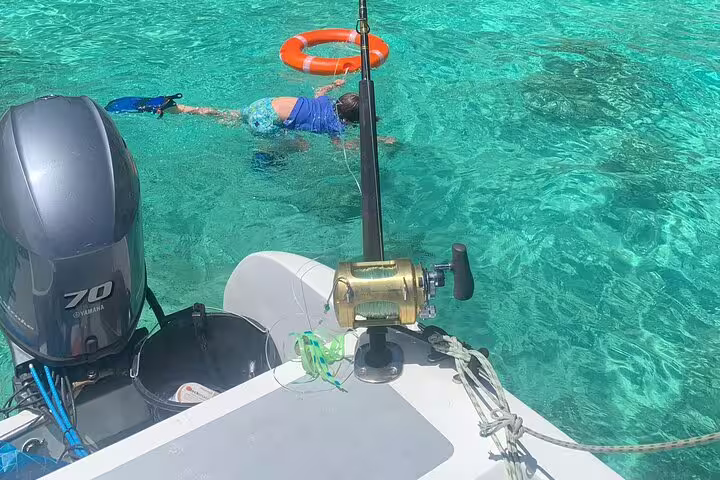 Person snorkeling near a boat with fishing gear on the Reef Safari snorkeling and fish feeding tour.