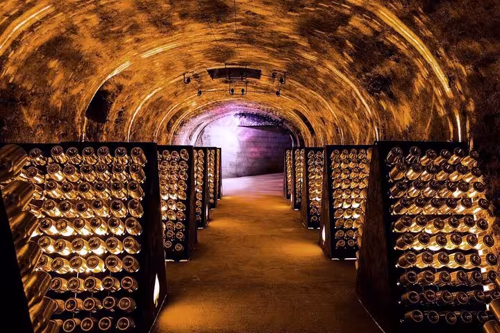 Underground champagne cellar tunnel in Reims with rows of bottles stacked on wooden racks