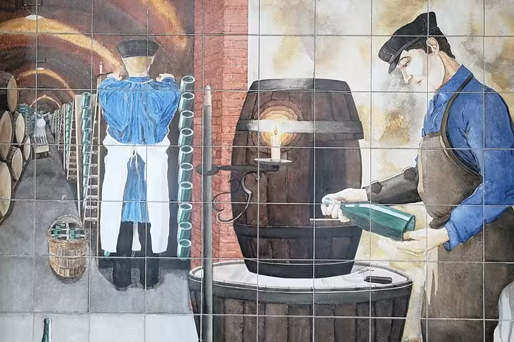 Tile mural depicting traditional Champagne wine cellar workers handling barrels and bottles in Reims