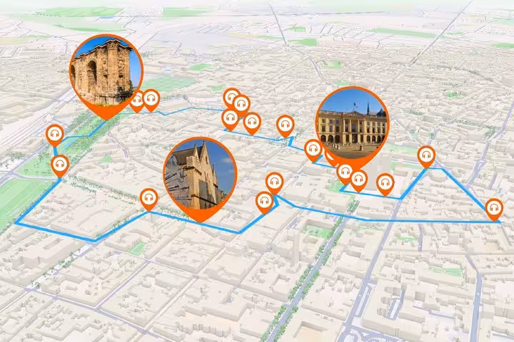 3D GPS map of Reims self-guided walking tour route with orange audio guide pins marking historic landmarks