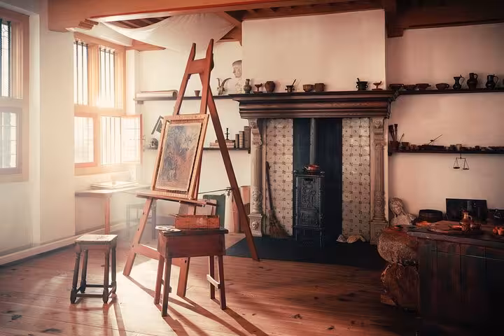 Historic Dutch artist studio interior with easel, featured on private Rembrandt & Van Gogh walking tour