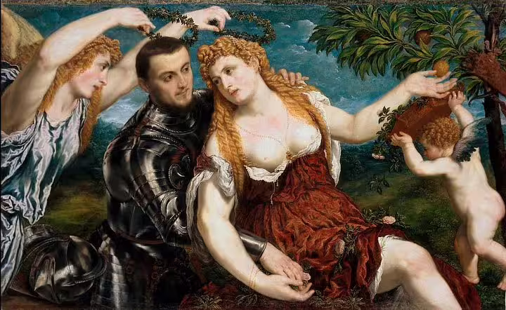 Discover a vibrant Renaissance scene featuring a knight, women, and cherub under a fruit tree at the art museum.