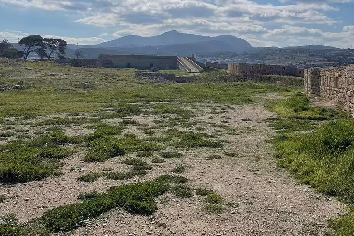 Expansive view of Rethymno's historic site with lush greenery and distant mountains under a vast sky.