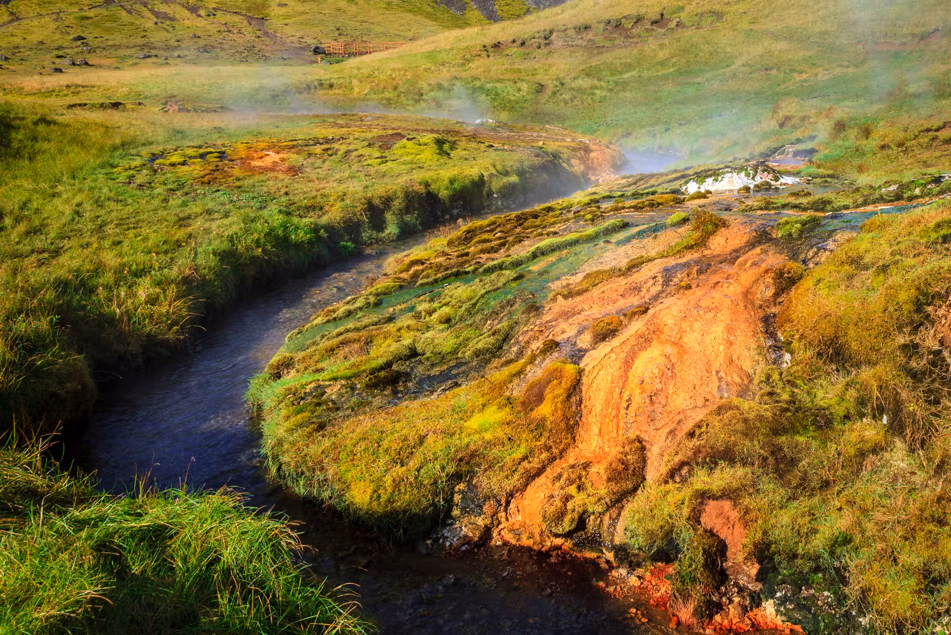 Geothermal stream winding through mossy hills in Reykjadalur, scenic section of private Grændalur circle hike, Iceland
