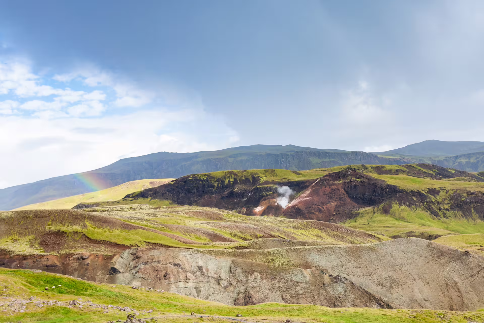 Panoramic Reykjadalur geothermal valley with steam plume and rainbow, scenic private hot river hike in Iceland