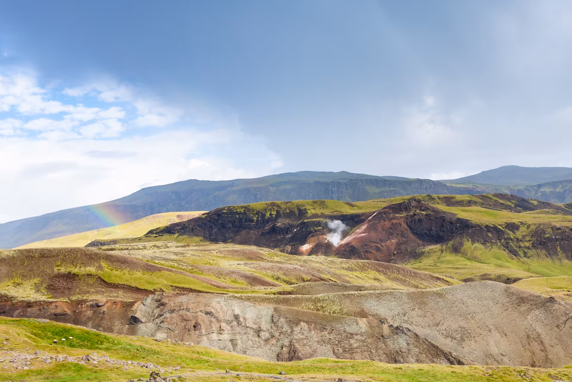Panoramic Grændalur valley view with steaming vents and colorful rhyolite hills on private circle hike
