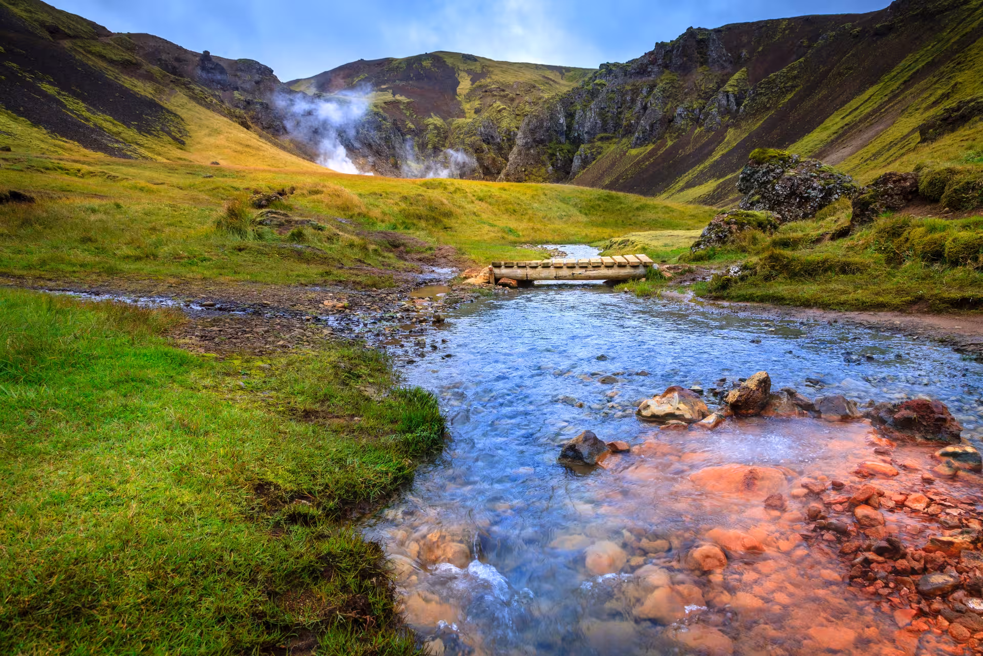 River crossing and steaming valley on Private Reykjadalur & Grændalur circle hike near Hveragerði, Iceland