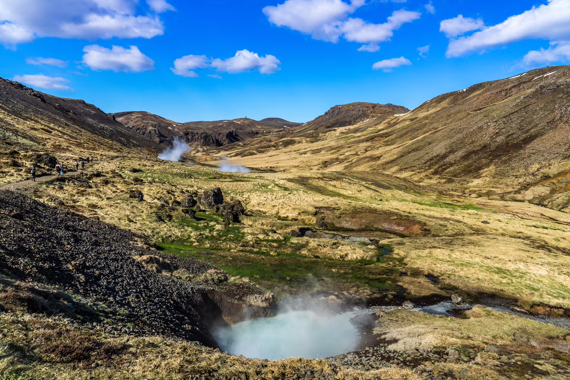 Reykjadalur geothermal valley with steaming vents and hiking trail near Hveragerdi on a private guided tour