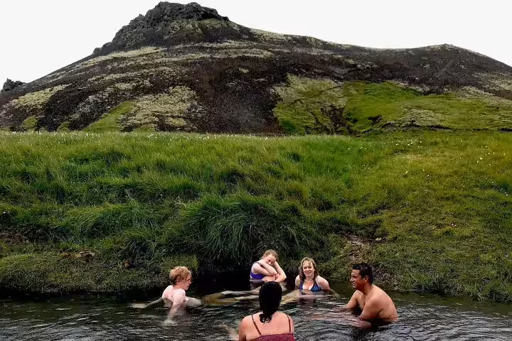 Group of five people bathing in Reykjadalur hot spring river surrounded by green Icelandic hills