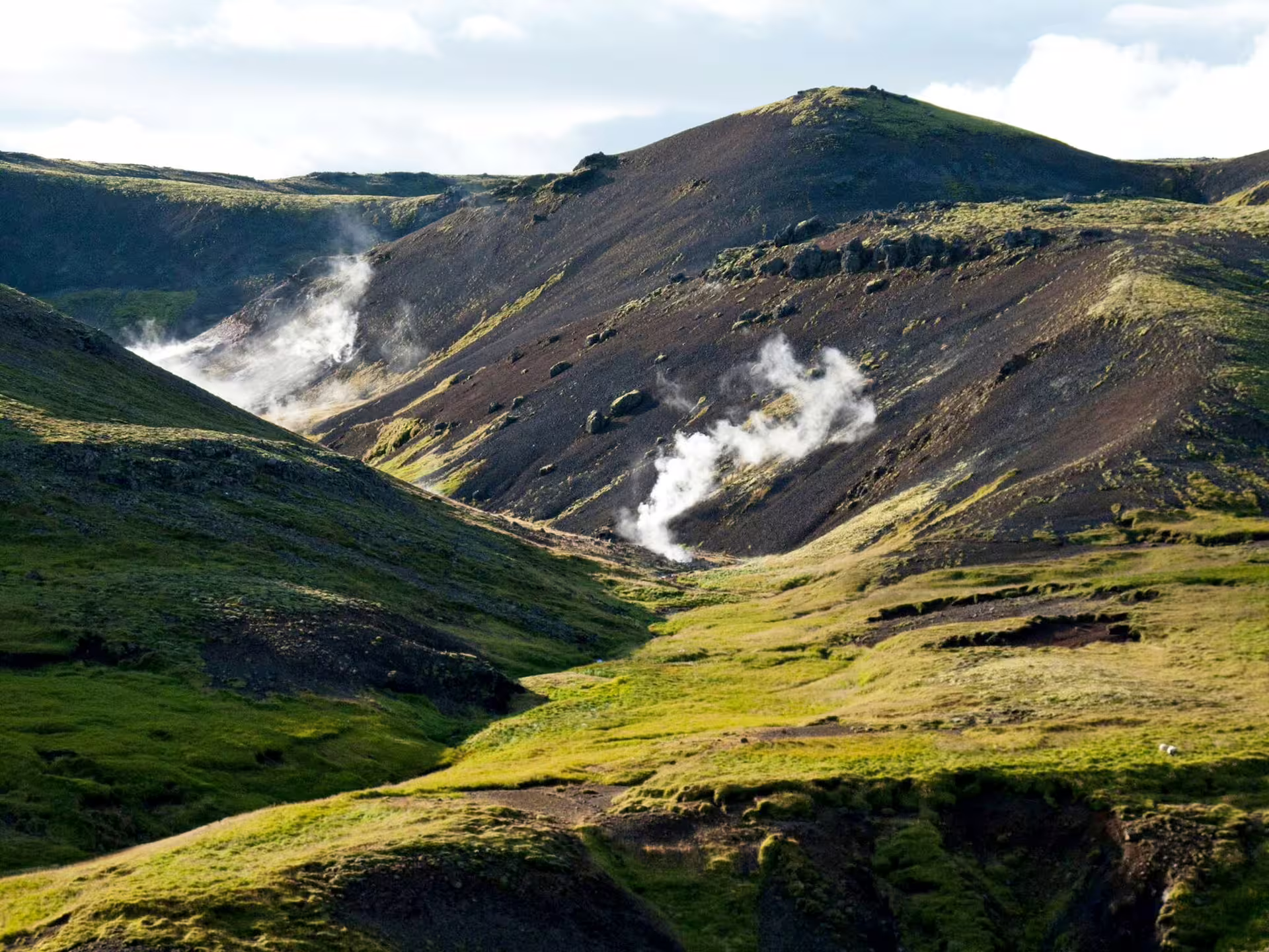 Steam rises from the geothermal landscape of Reykjadalur Valley, offering a scenic view perfect for a hot river hiking adventure.