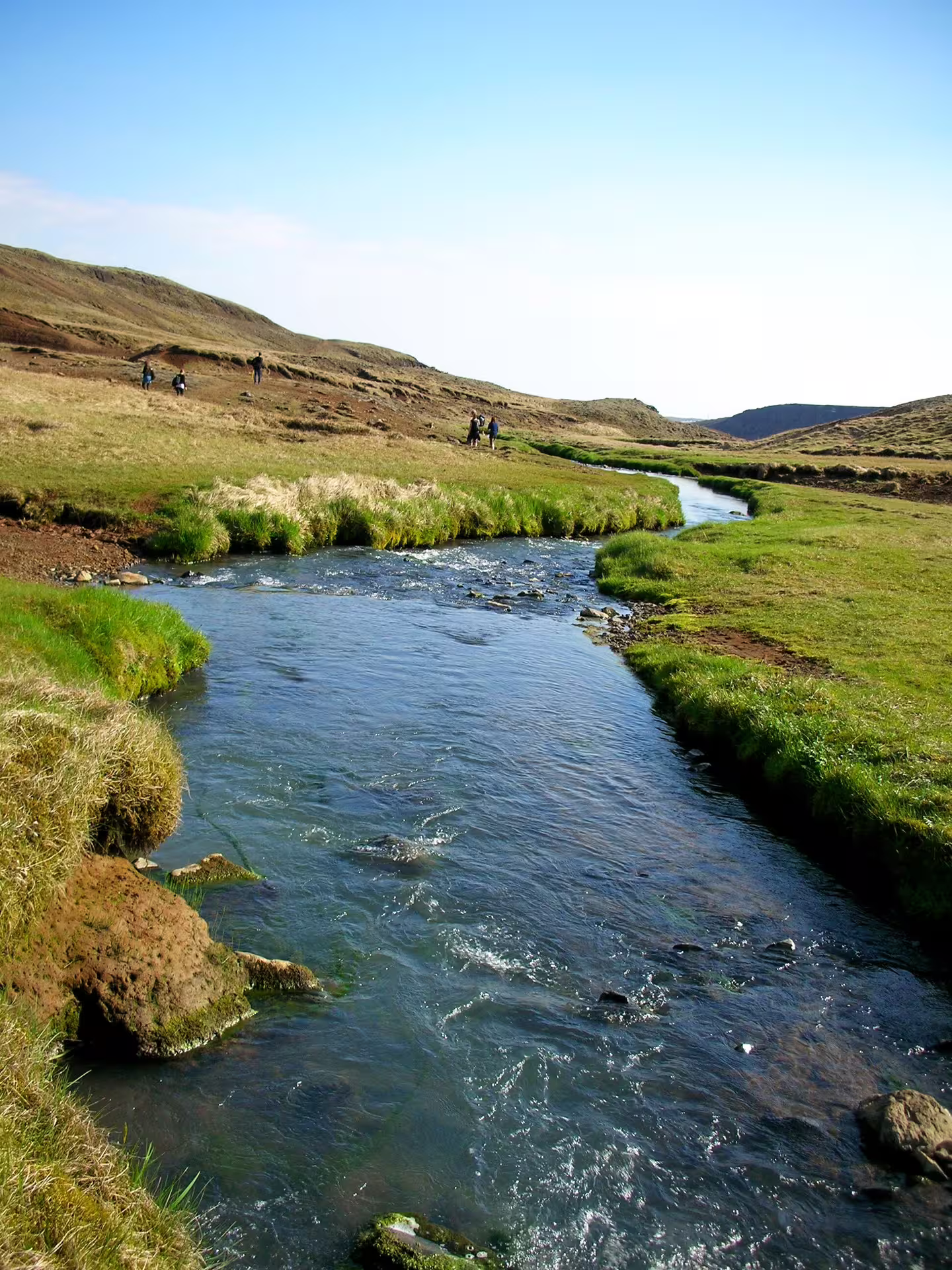 Hikers explore Reykjadalur Valley's lush landscape with its scenic hot river, a top destination for Iceland nature tours.