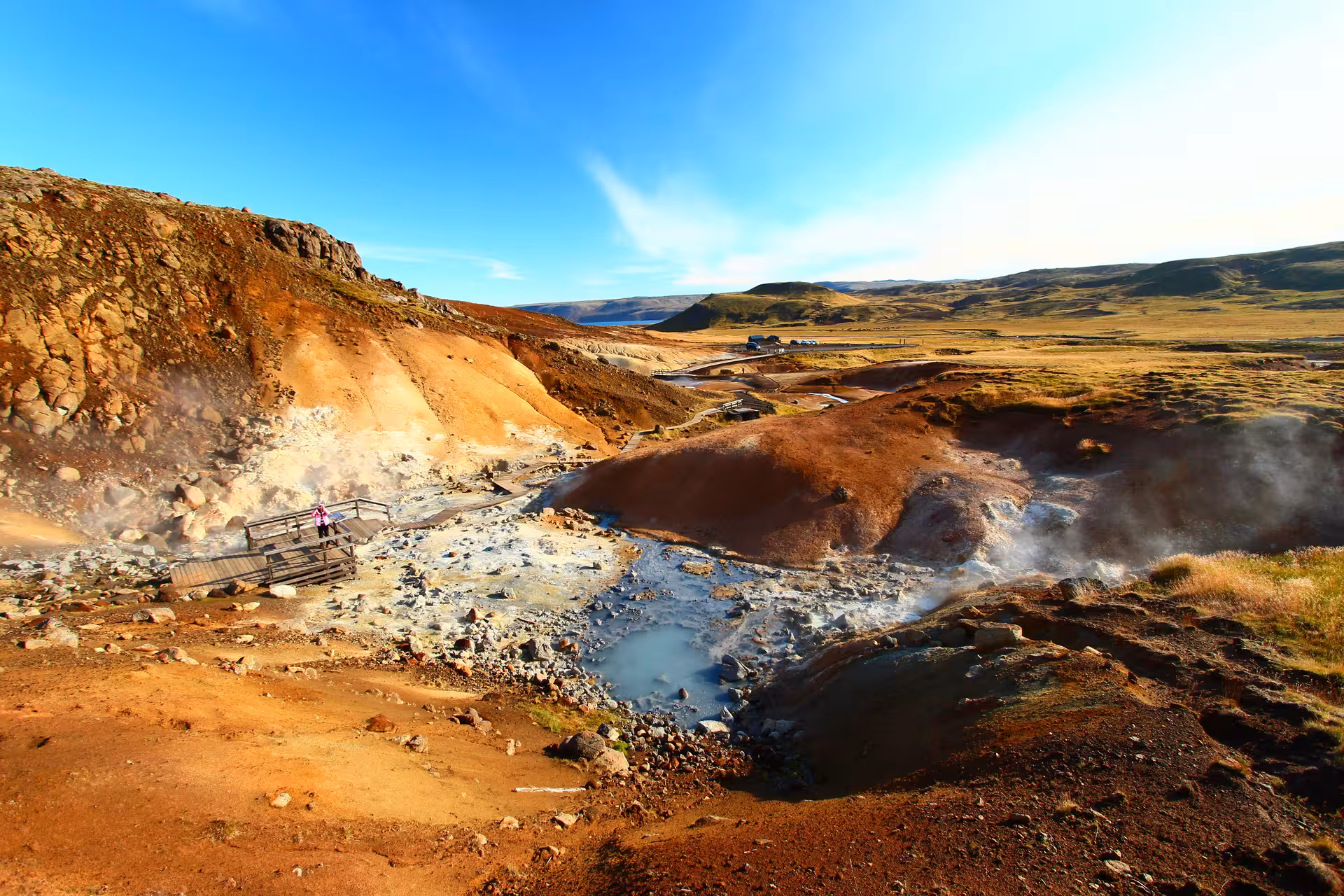 Steaming geothermal vents and colorful mineral-rich volcanic landscape in Reykjanes Peninsula, Iceland