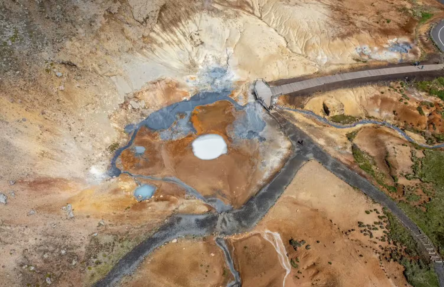 Aerial view of geothermal hot springs and boardwalk on Reykjanes Peninsula, Iceland