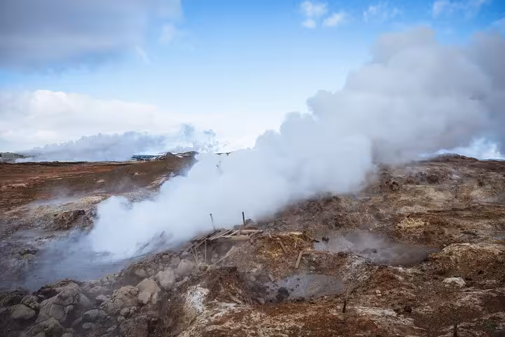 Steaming geothermal vents and sulfuric ground at Reykjanes Peninsula volcanic landscape