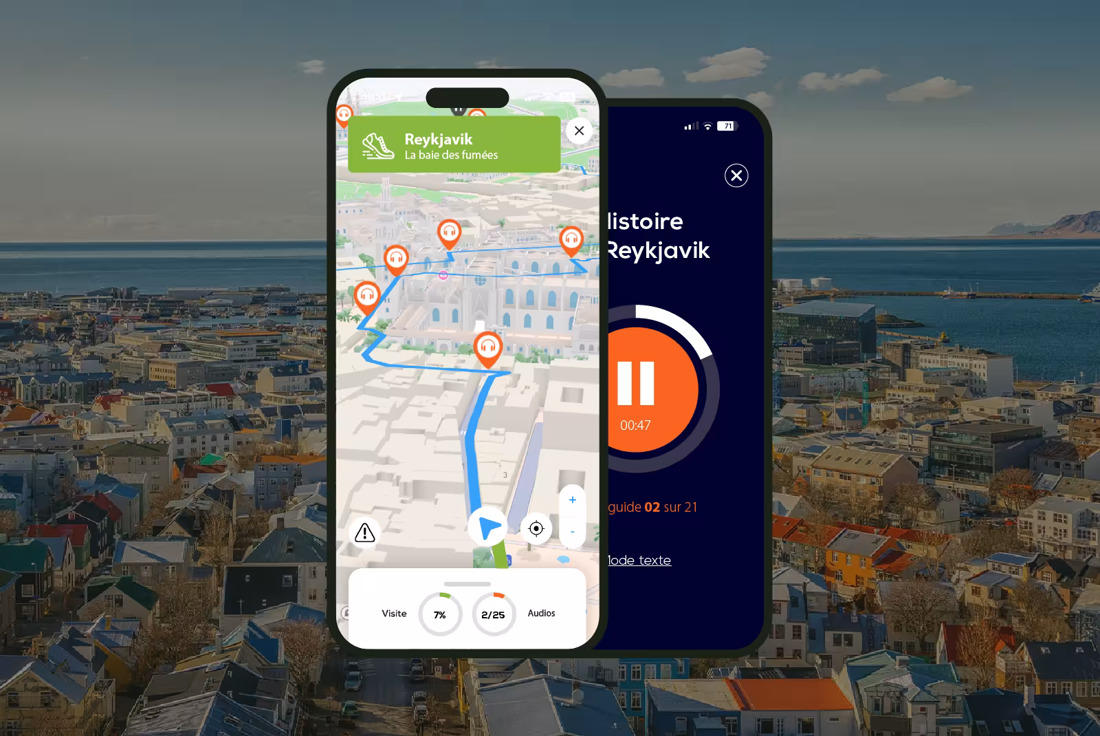 Reykjavik audioguide mobile application interface on smartphone with the city in the background.