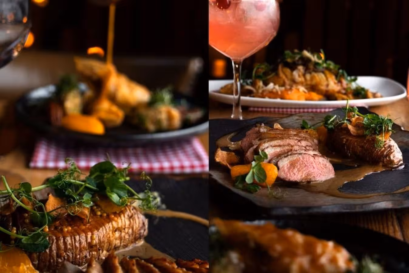 Elegant dinner dishes with sliced meat, hasselback potato, and pink cocktail served on a Reykjavik evening boat tour