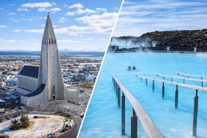 Hallgrímskirkja church in Reykjavik cityscape beside the milky blue geothermal waters of Blue Lagoon spa