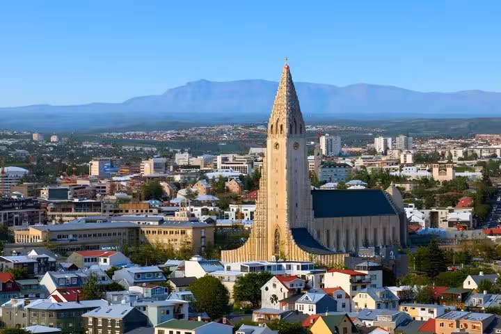 Aerial view of Reykjavik city center with Hallgrímskirkja church tower dominating the skyline