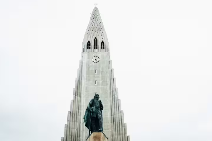 Hallgrímskirkja church tower with Leif Eriksson statue in Reykjavik Iceland