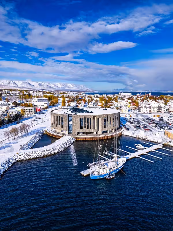 Winter Reykjavik harbor view near Harpa, scenic stop on private Arctic odyssey with huskies and aurora