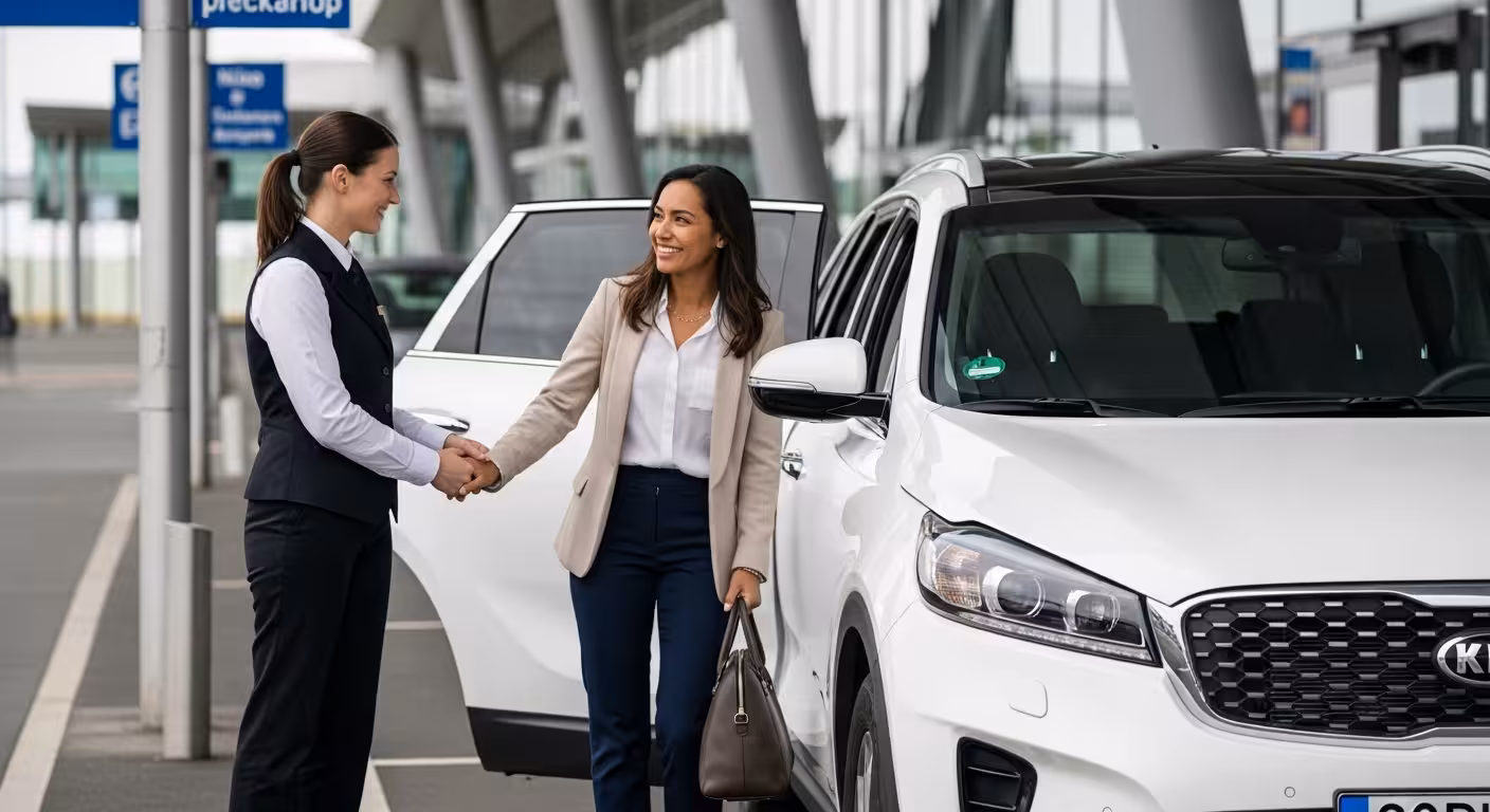 Professional female driver shaking hands with a traveler, providing a warm welcome for a private taxi transfer from Keflavik Airport.