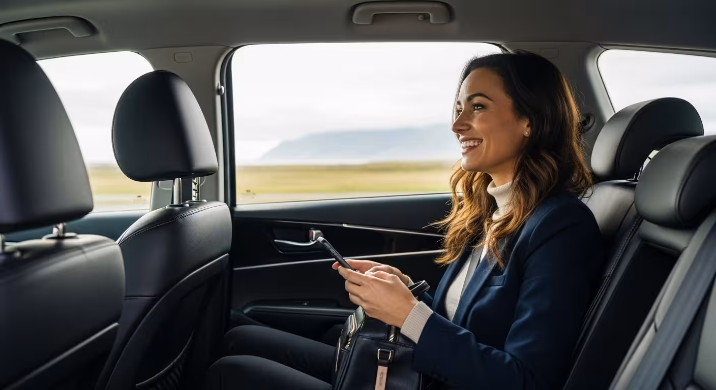 A happy traveler relaxing in the back seat of a private taxi, enjoying the view while traveling from Keflavik Airport to Reykjavik.