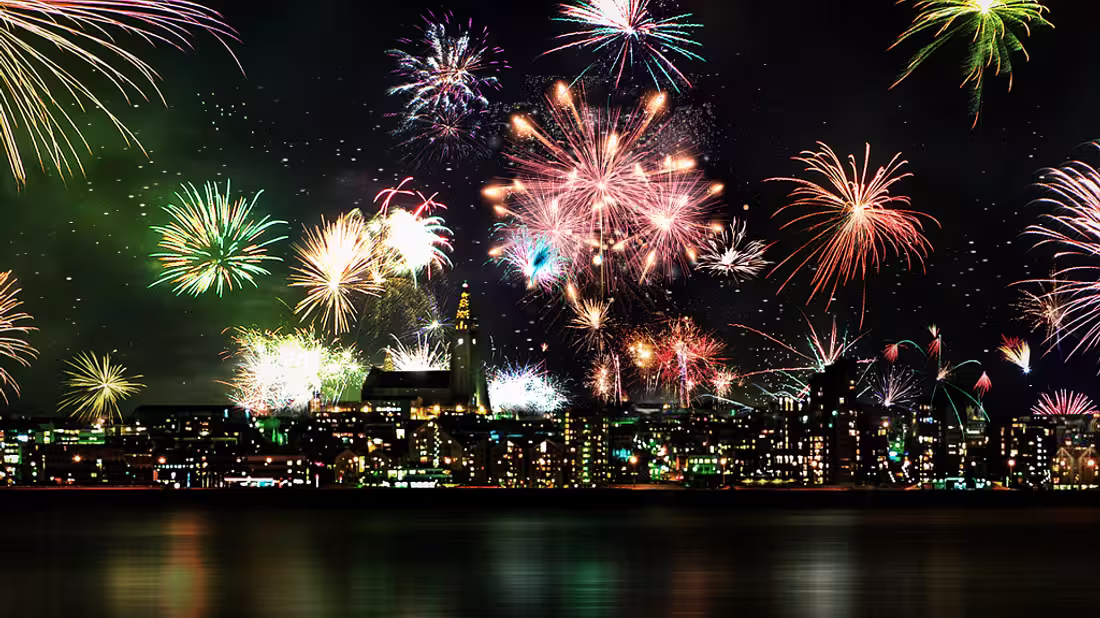 Fireworks in the night's sky above Reykjavik