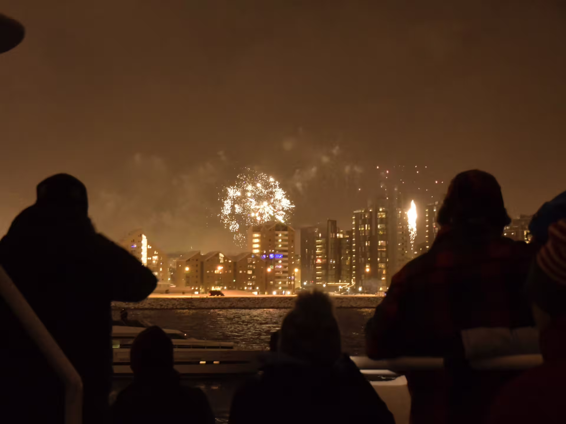 Silhouettes of passengers on a boat watching New Year's Eve fireworks over Reykjavik city skyline at night