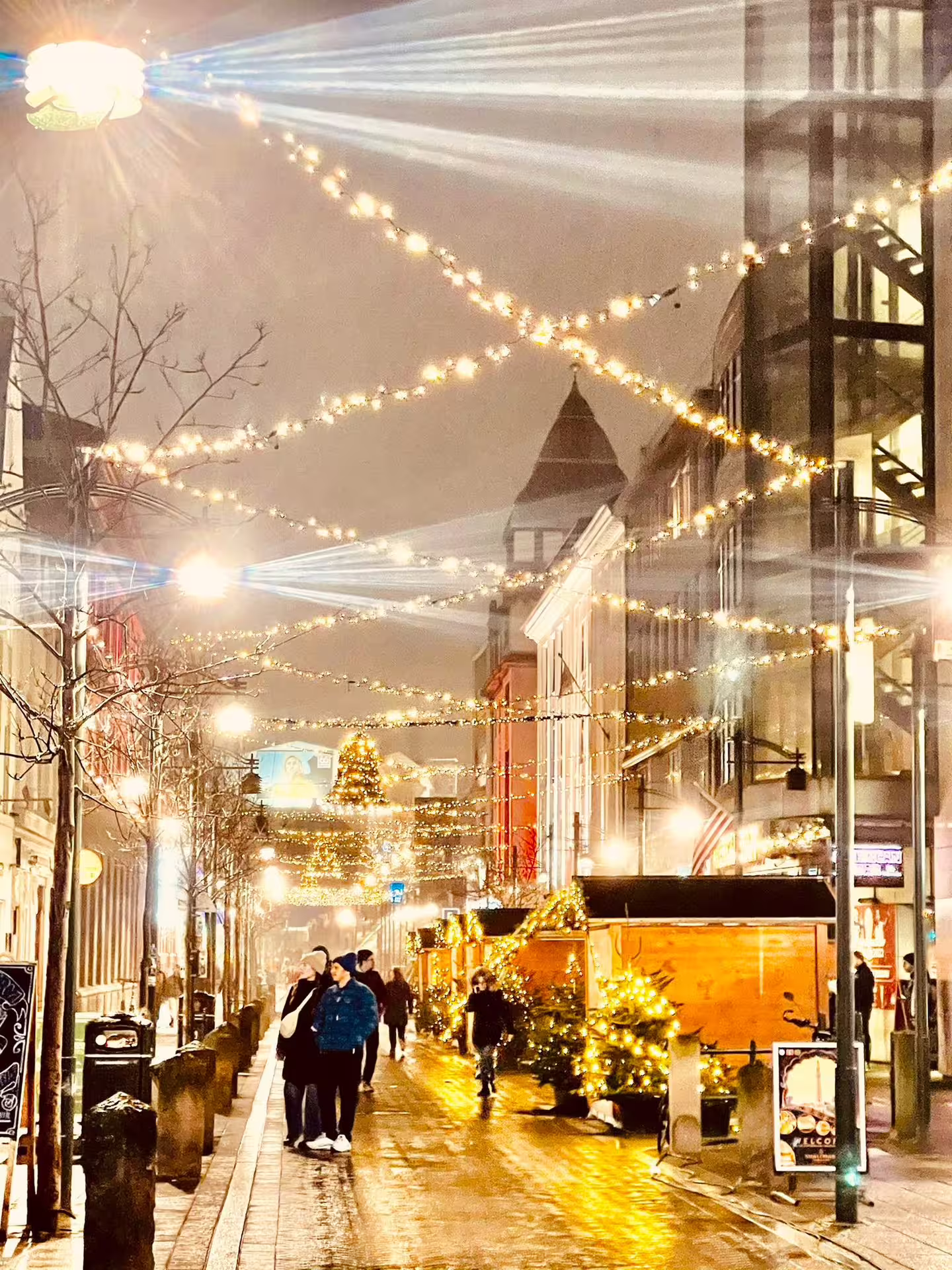 The festively lit streets of downtown Reykjavik in the winter
