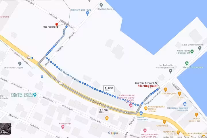 Walking map from free parking to Sea Trips Reykjavik meeting point, 4 minute walk along Reykjavik harbor
