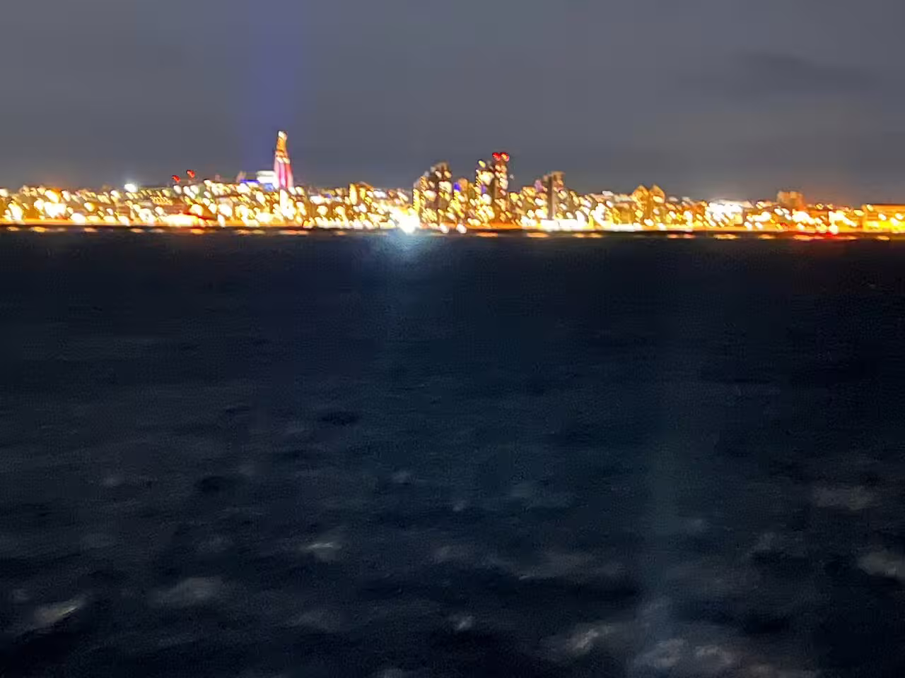 Reykjavik city lights glowing across dark Arctic ocean waters at night from boat cruise