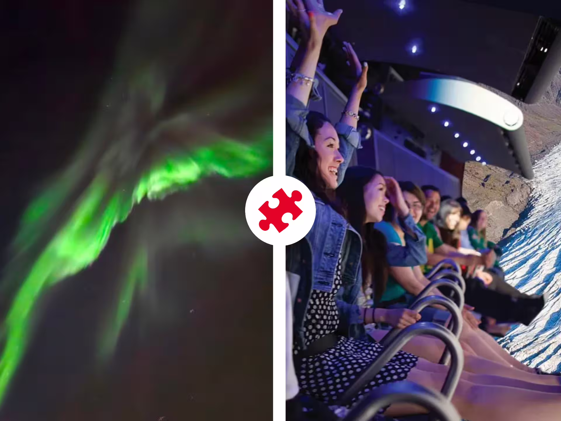 Northern lights display over Reykjavik alongside excited visitors on FlyOver Iceland ride