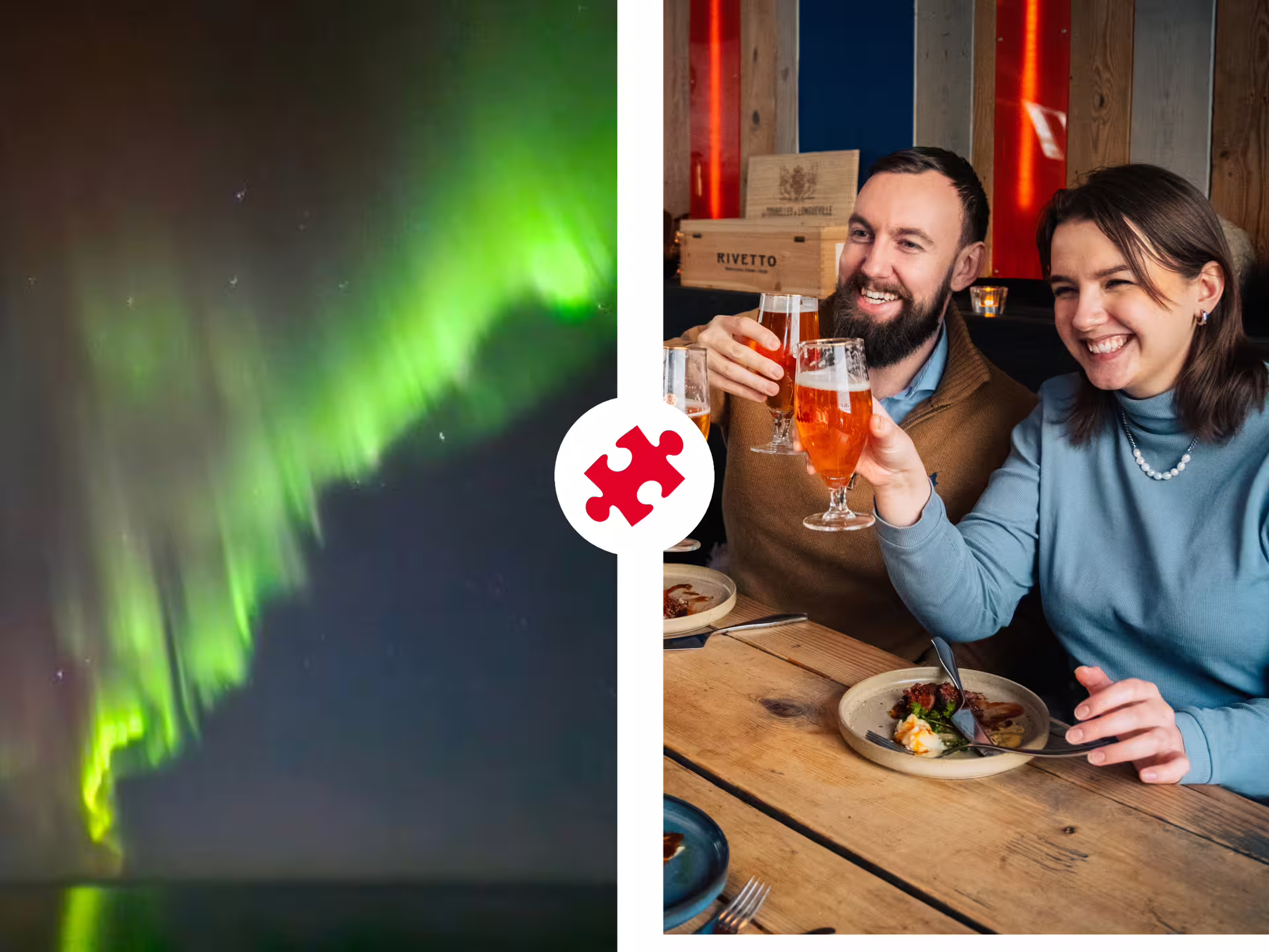 Northern lights over Reykjavik waters and couple toasting beers at a local restaurant